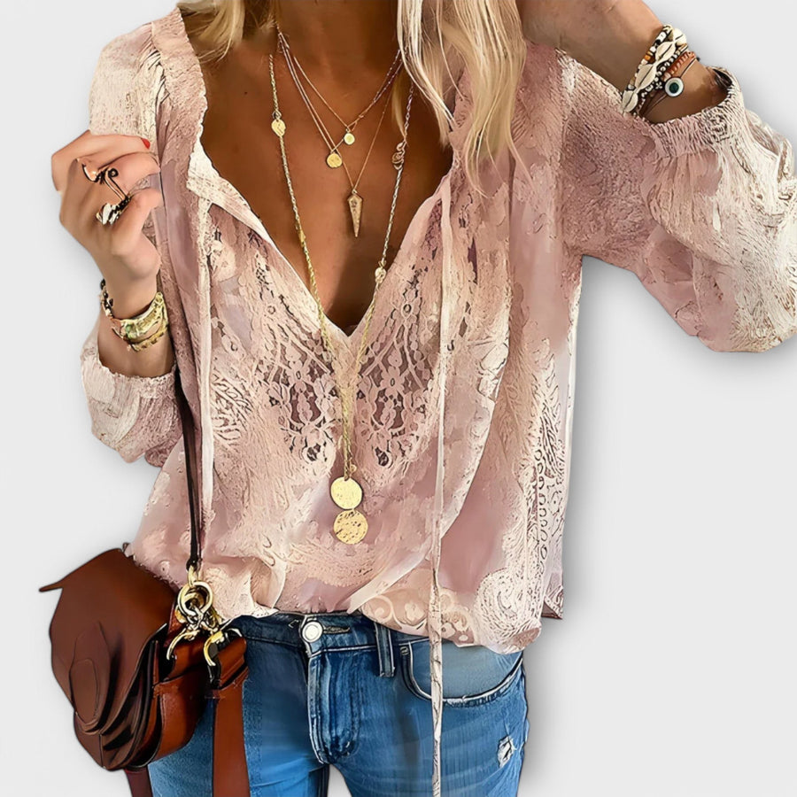 Sienna Women's Lace Overlay Blouse V-Neck Tie Front in Pink