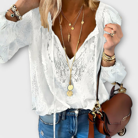 Sienna Women's Lace Overlay Blouse V-Neck Tie Front in White