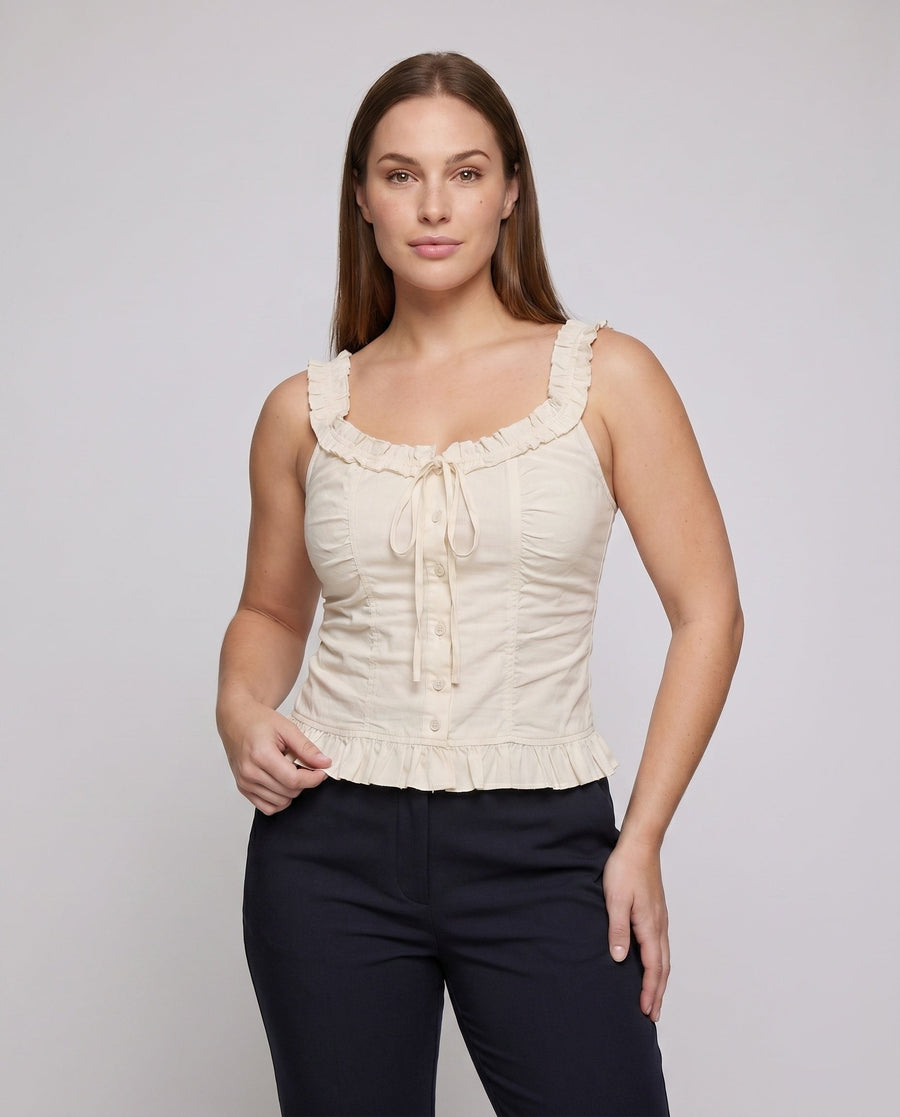 Sigrid Linen Blend Camisole with Button Front and Ruffles