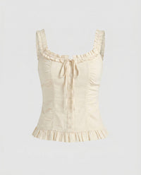 Sigrid Linen Blend Camisole with Button Front and Ruffles in Cream