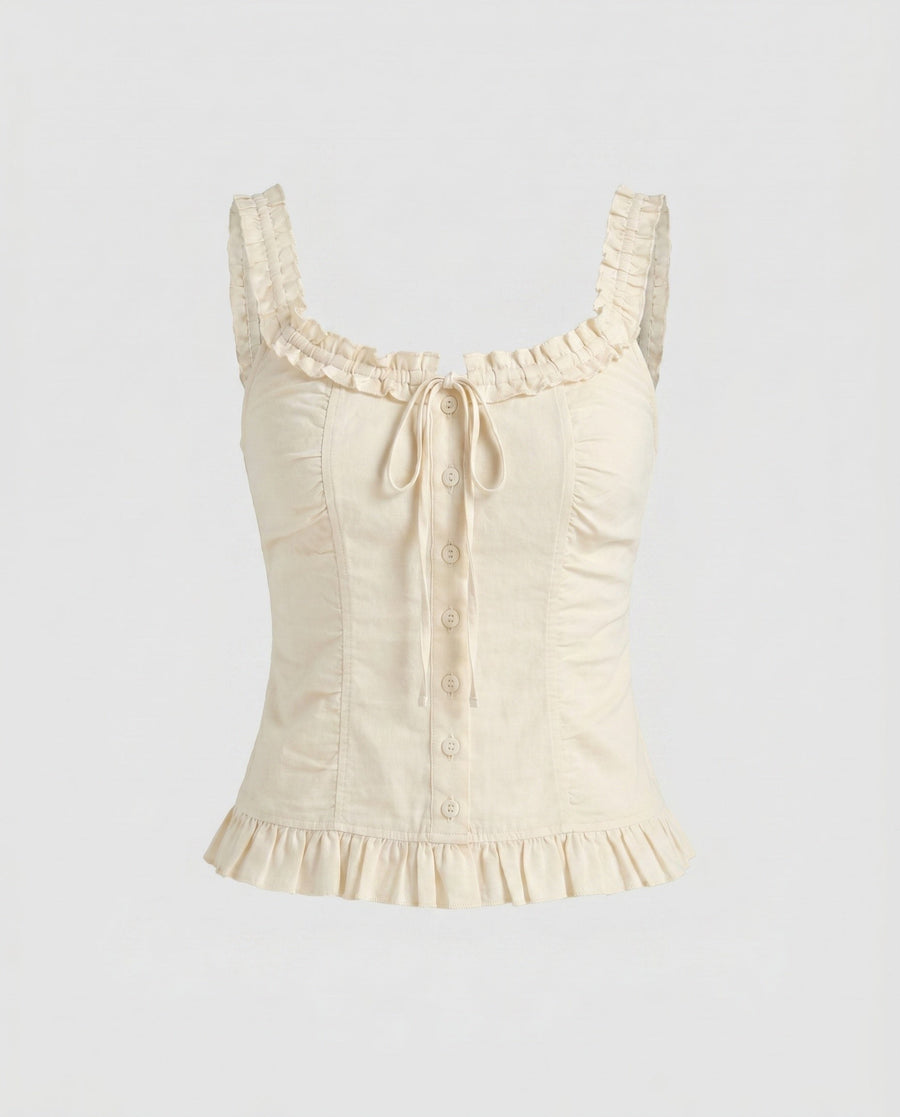 Sigrid Linen Blend Camisole with Button Front and Ruffles in Cream