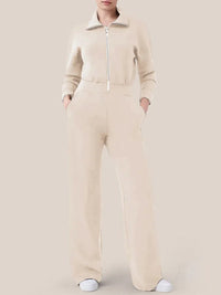 Simone Elegant Jumpsuit with Stand Collar and Zip Front in Apricot