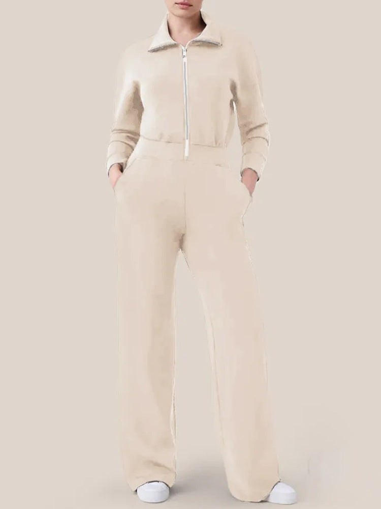 Simone Elegant Jumpsuit with Stand Collar and Zip Front in Apricot