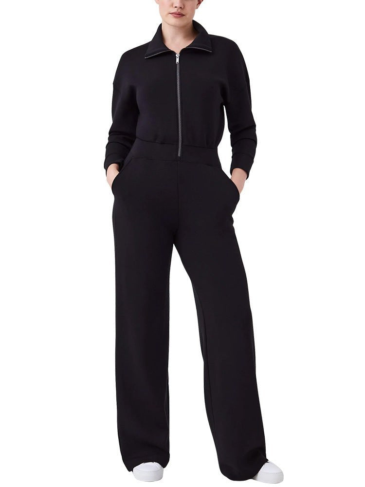 Simone Elegant Jumpsuit with Stand Collar and Zip Front in Black