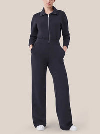 Simone Elegant Jumpsuit with Stand Collar and Zip Front in Deep Blue