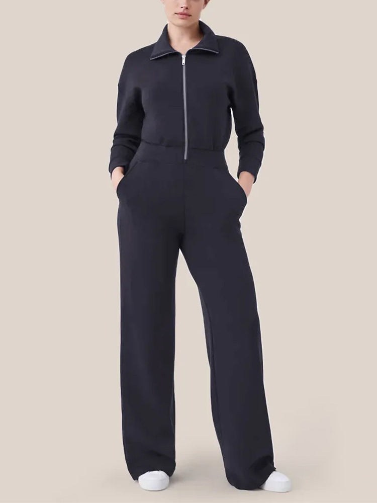 Simone Elegant Jumpsuit with Stand Collar and Zip Front in Deep Blue