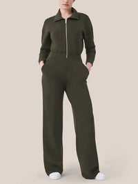 Simone Elegant Jumpsuit with Stand Collar and Zip Front in Olive Green