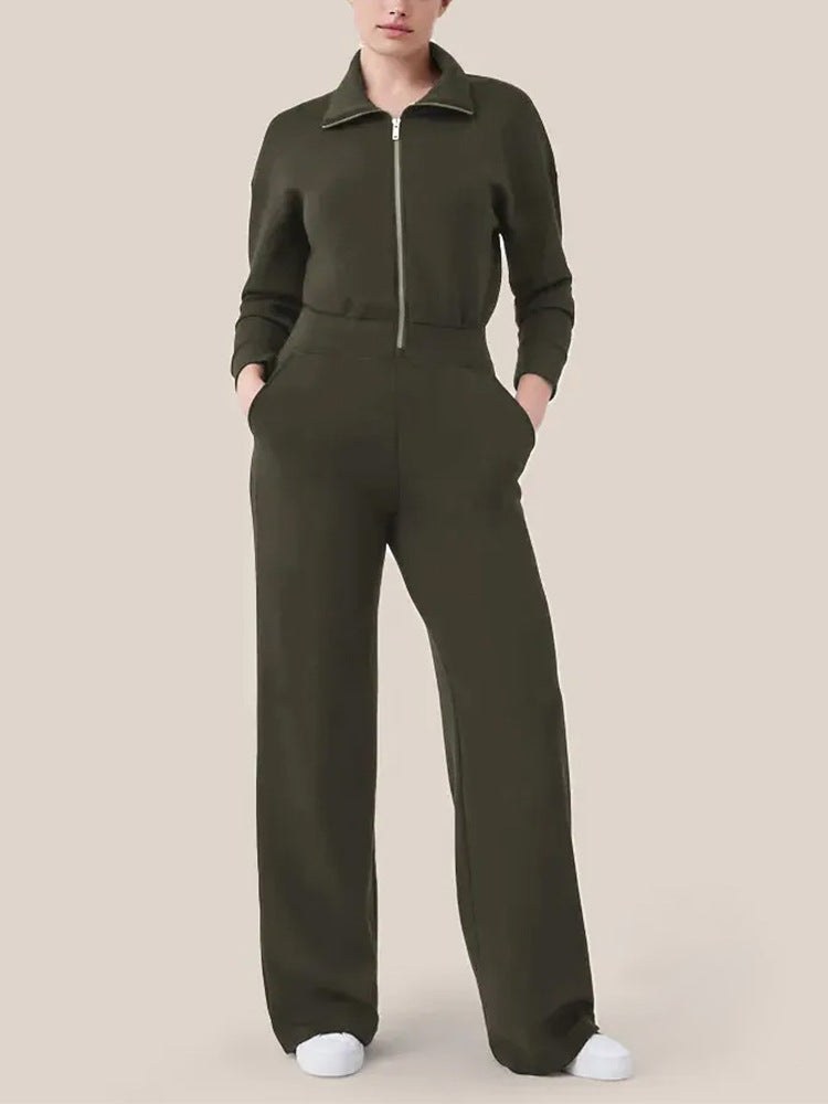 Simone Elegant Jumpsuit with Stand Collar and Zip Front in Olive Green