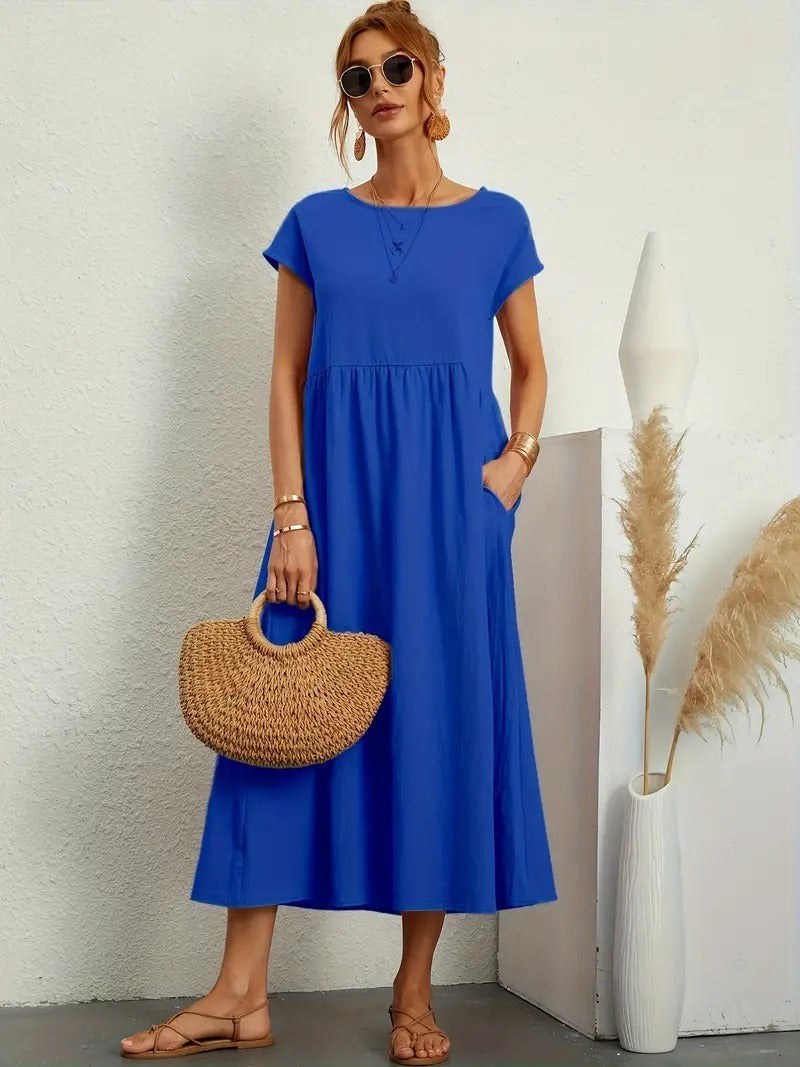 Simone Linen Summer Dress with Pockets in Blue