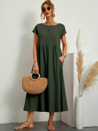 Simone Linen Summer Dress with Pockets in Military Green