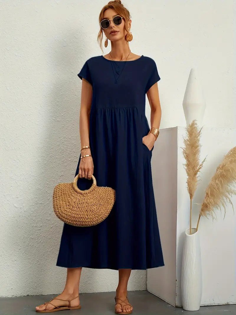 Simone Linen Summer Dress with Pockets in Navy