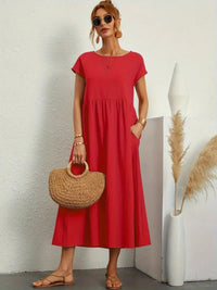 Simone Linen Summer Dress with Pockets in Red