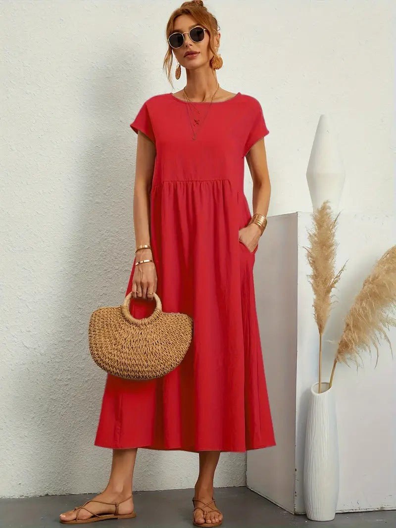 Simone Linen Summer Dress with Pockets in Red