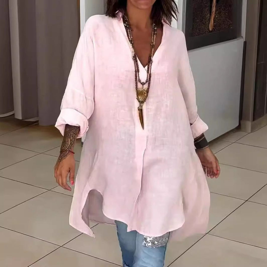 Sloane Airy Linen Blouse with V-Neck in Pink