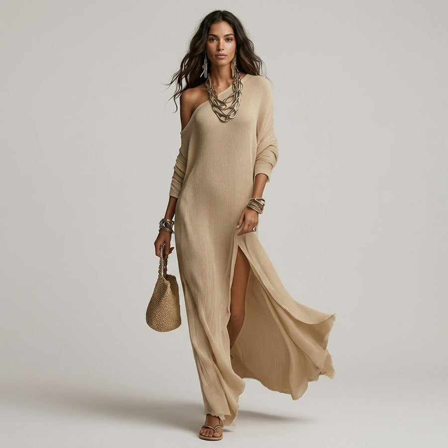 Sloane Cold Shoulder Maxi Dress in Beige