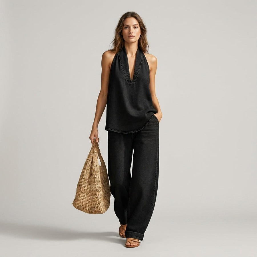 Sloane Halter Wide-Leg Set in Charcoal