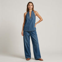 Sloane Halter Wide-Leg Set in Navy Blue