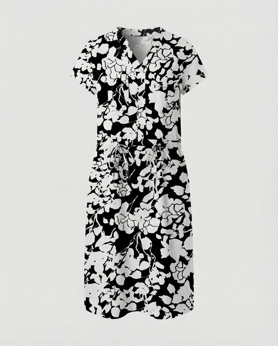 Sloane Linen Blend Midi Dress with Drawstring Waist in Black