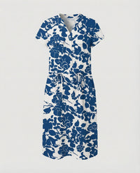 Sloane Linen Blend Midi Dress with Drawstring Waist in Blue