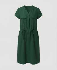 Sloane Linen Blend Midi Dress with Drawstring Waist in Green