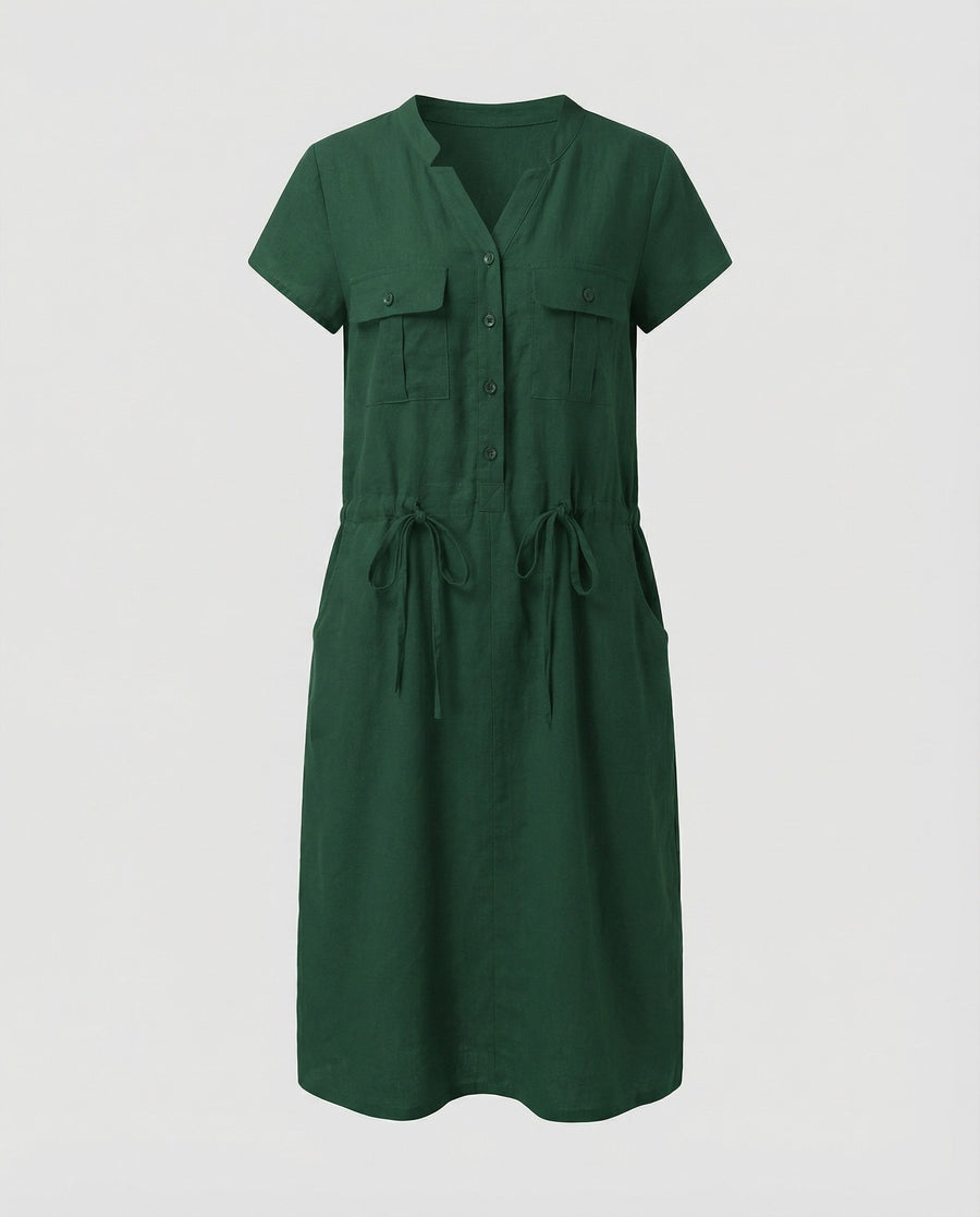 Sloane Linen Blend Midi Dress with Drawstring Waist in Green