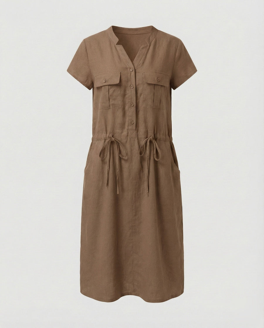Sloane Linen Blend Midi Dress with Drawstring Waist in Khaki