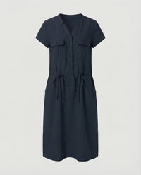 Sloane Linen Blend Midi Dress with Drawstring Waist in Navy