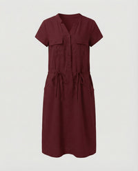 Sloane Linen Blend Midi Dress with Drawstring Waist in Red