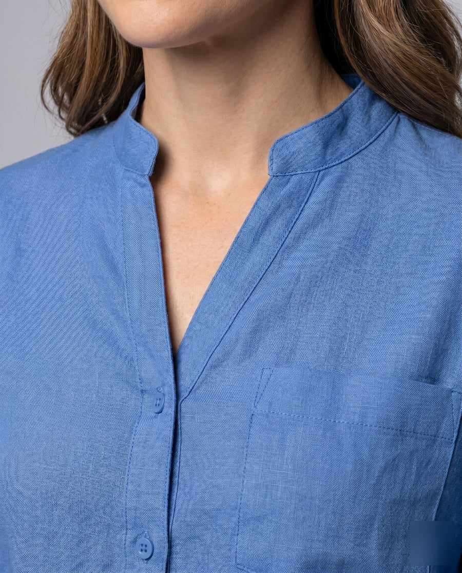 Sloane Relaxed Linen Blouse with Stand Collar and Button Front