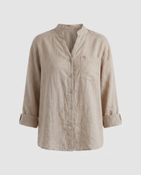 Sloane Relaxed Linen Blouse with Stand Collar and Button Front in Beige