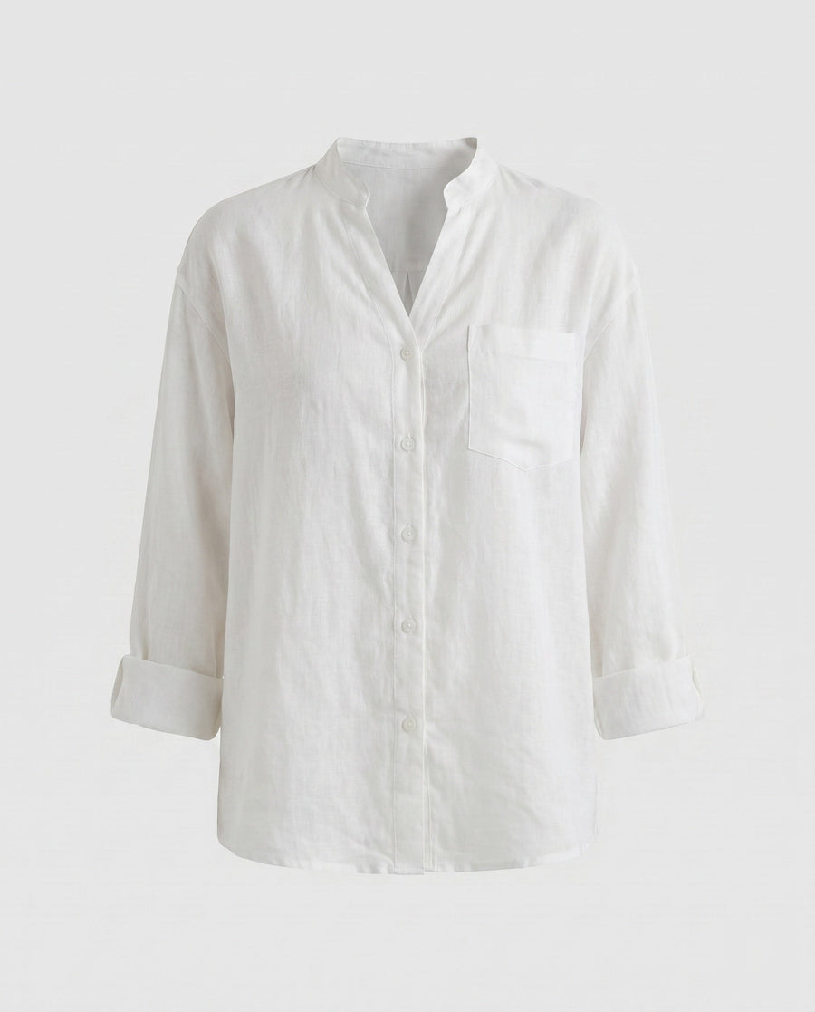 Sloane Relaxed Linen Blouse with Stand Collar and Button Front in Cream