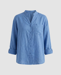 Sloane Relaxed Linen Blouse with Stand Collar and Button Front in Navy