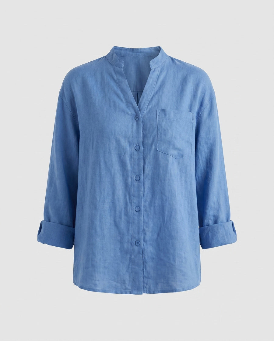 Sloane Relaxed Linen Blouse with Stand Collar and Button Front in Navy