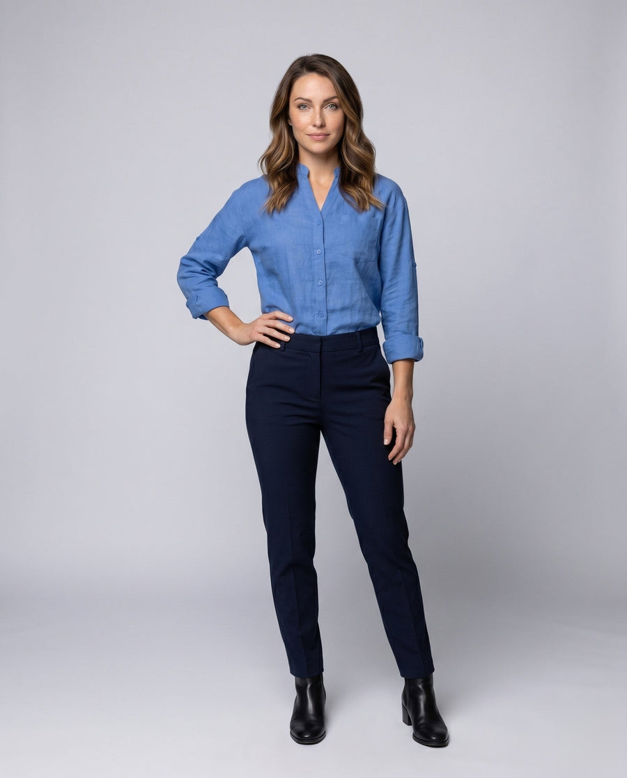 Sloane Relaxed Linen Blouse with Stand Collar and Button Front