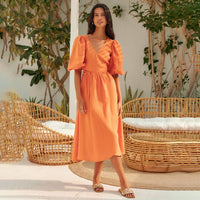 Sofia Casual Linen Dress with Belted and Fitted in Orange