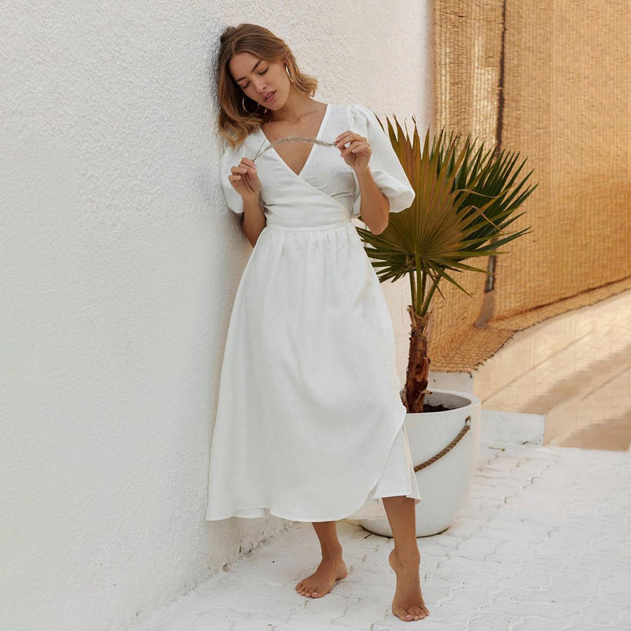Sofia Casual Linen Dress with Belted and Fitted in White