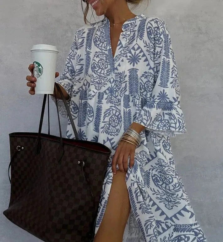 Sofia Women's Boho Midi Dress Long Sleeve V-Neck Blue Print Tiered in Blue