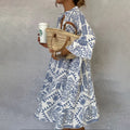 Sofia Women's Boho Midi Dress Long Sleeve V-Neck Blue Print Tiered