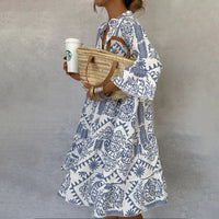 Sofia Women's Boho Midi Dress Long Sleeve V-Neck Blue Print Tiered in Blue
