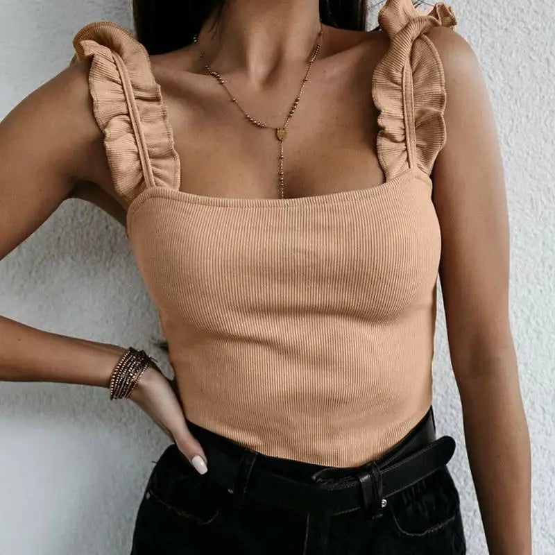 Solea™ Delightful Ruffled Summer Top in Beige