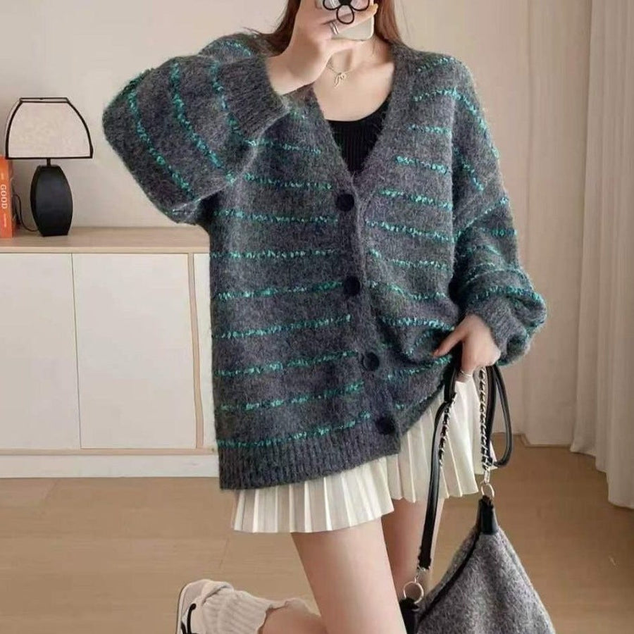 Solene Knit Cardigan with Puff Sleeve and Button Front in Grey