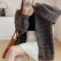 Solene Knit Cardigan with Puff Sleeve and Button Front