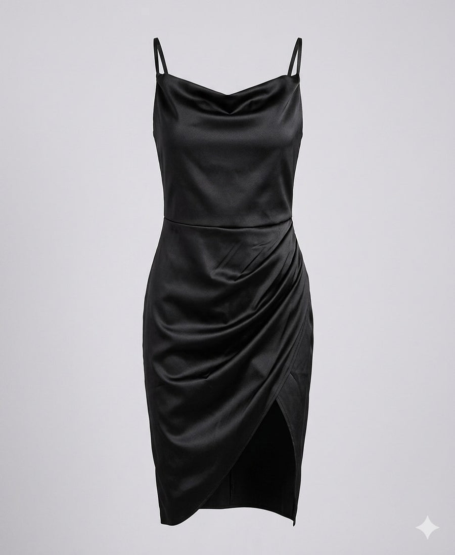Solene Satin Evening Dress in Black
