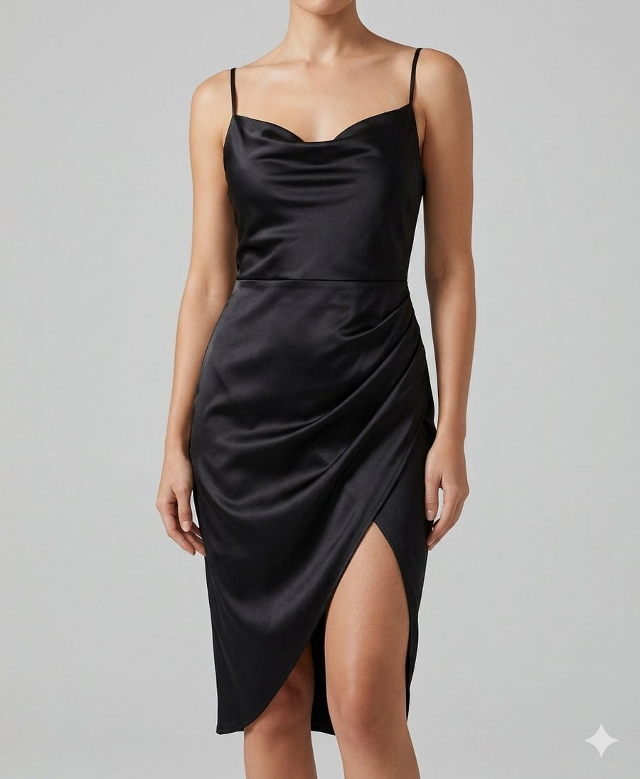 Solene Satin Evening Dress in Black