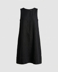 Sonia Casual Linen Dress with Crew Neck in Black