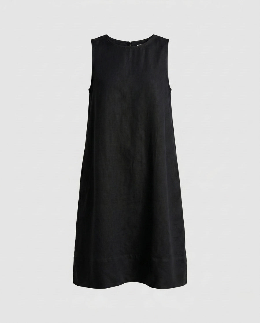 Sonia Casual Linen Dress with Crew Neck in Black