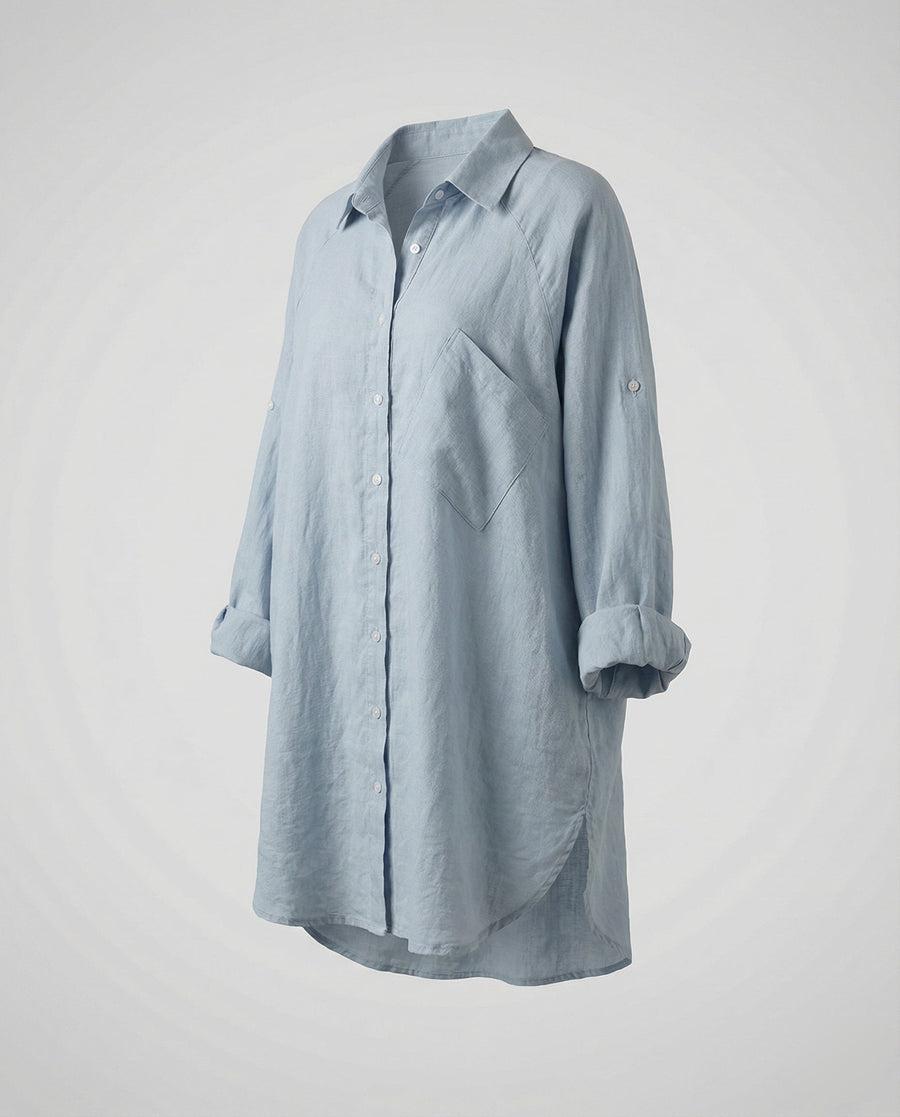 Sonja Linen Shirt with Chest Pocket in Light Blue