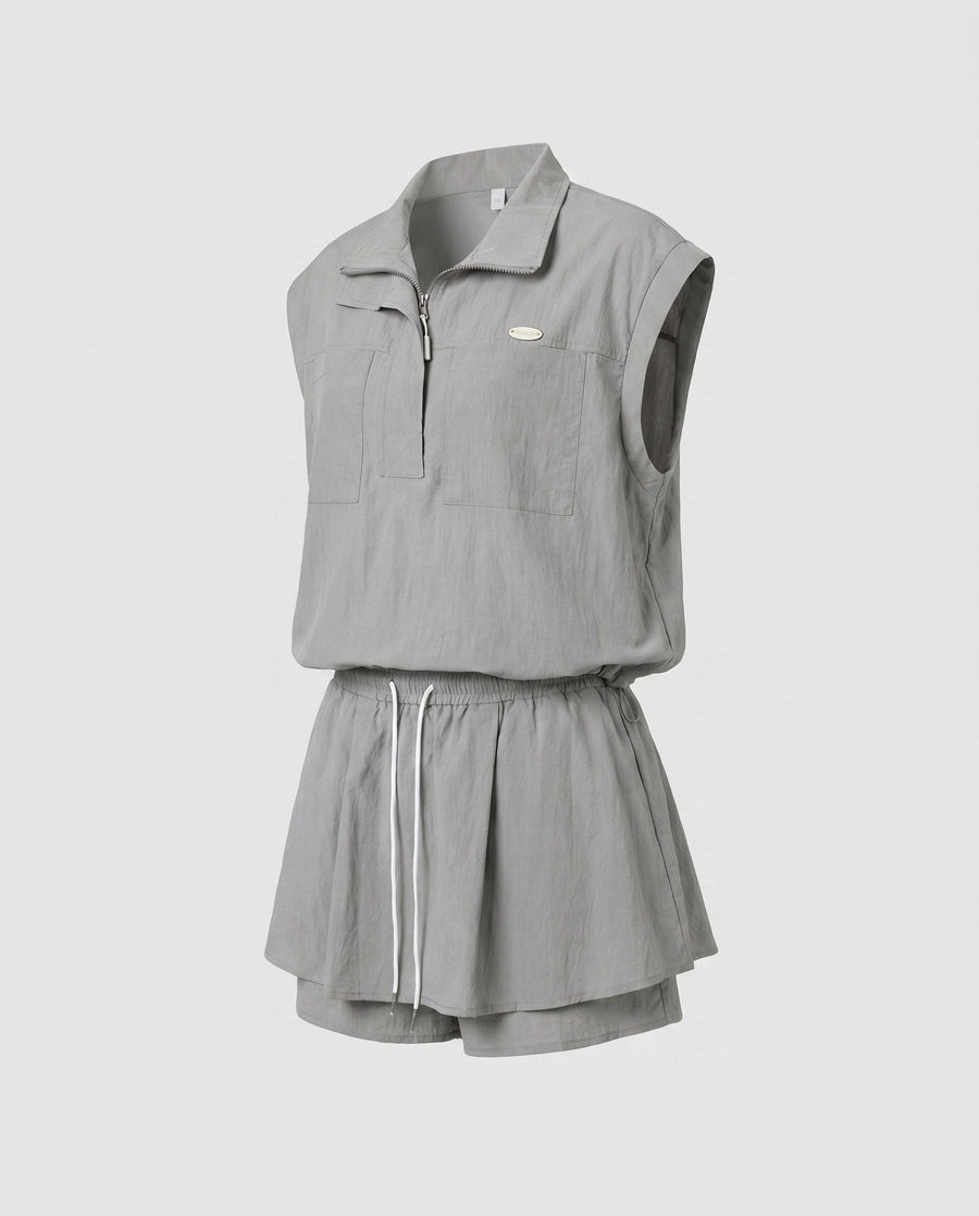 Sophie Lightweight Linen Blend Vest with Zip Front and Fitted in Grey