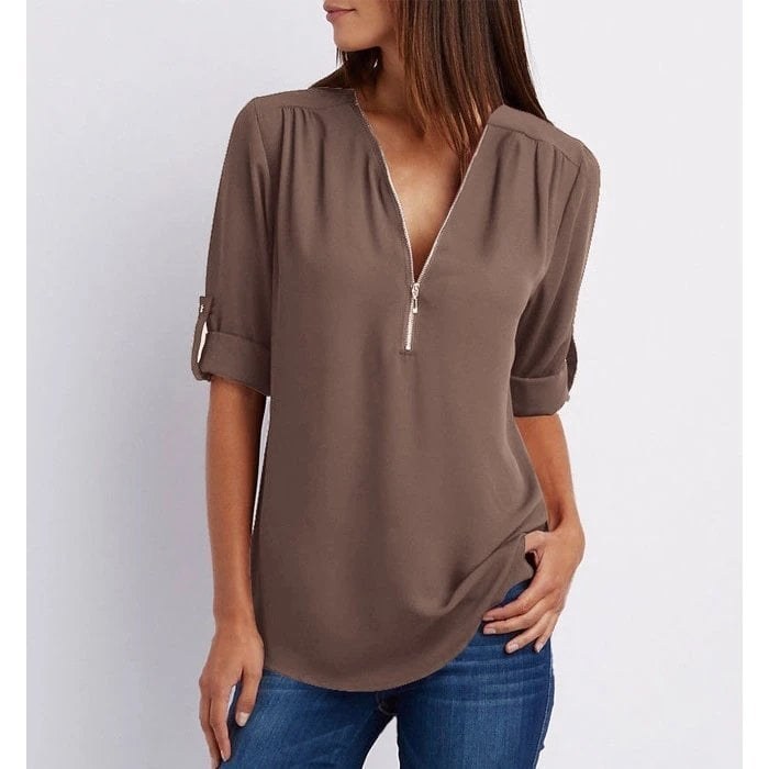 Sophie Women's Zip V-Neck 3/4 Sleeve Blouse Casual Top in Brown