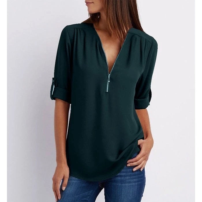 Sophie Women's Zip V-Neck 3/4 Sleeve Blouse Casual Top in Green
